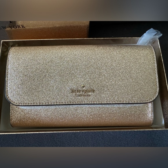 BNWT Kate Spade Glimmer Boxed Medium Flap Phone Wristlet Wallet Gold Glitter - Picture 2 of 6